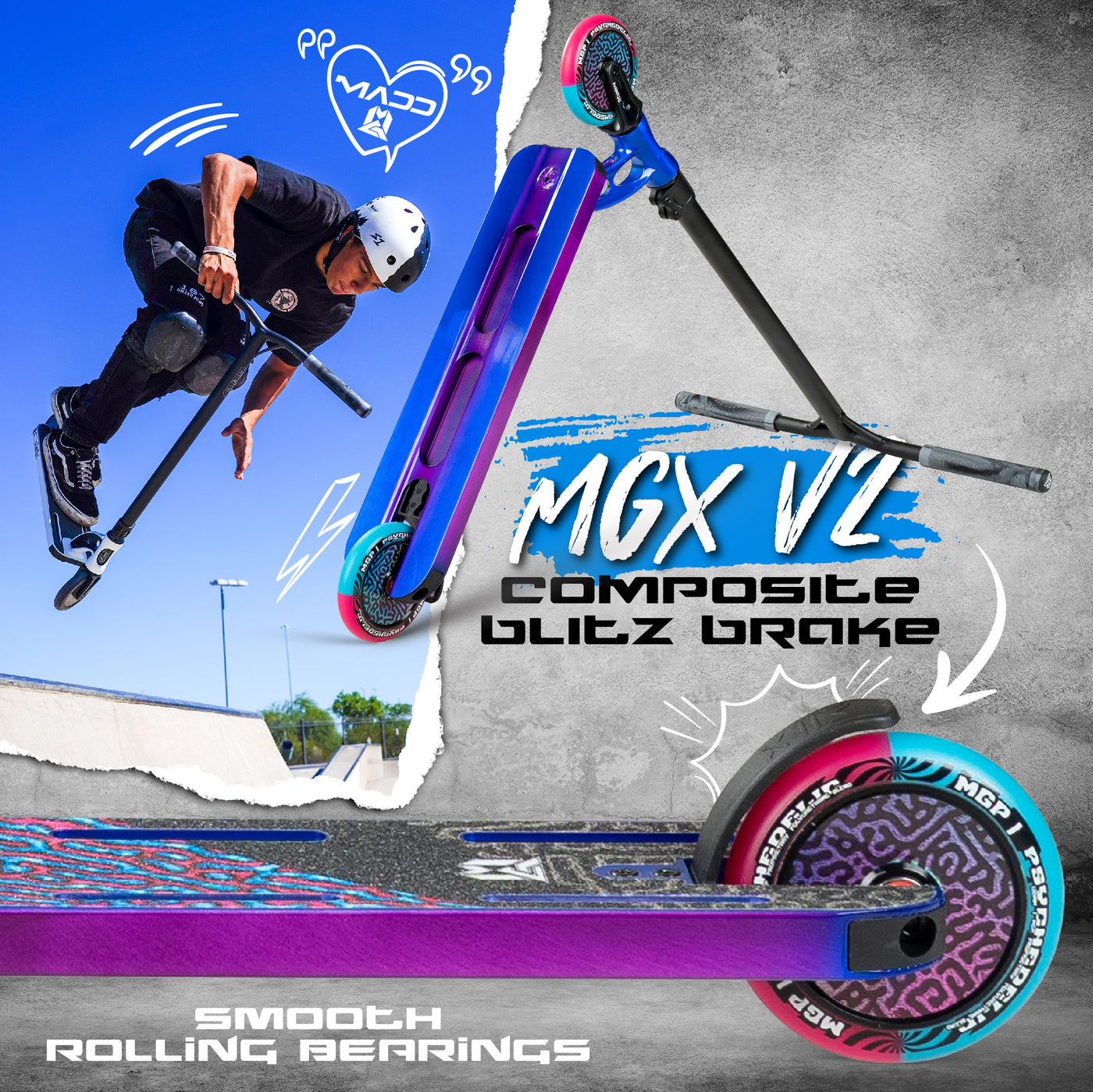 Madd Gear Origin Team Pro Stunt Scooter Skatepark Lightweight Smooth Riding Composite Blitz Brake Blue Purple Pink Neo Hydra