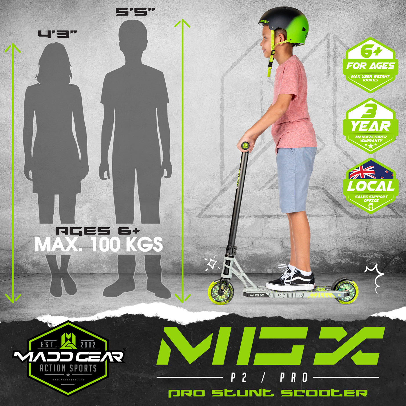 Madd Gear MGP MGX Pro Stunt Trick Scooter Grey Green Kids