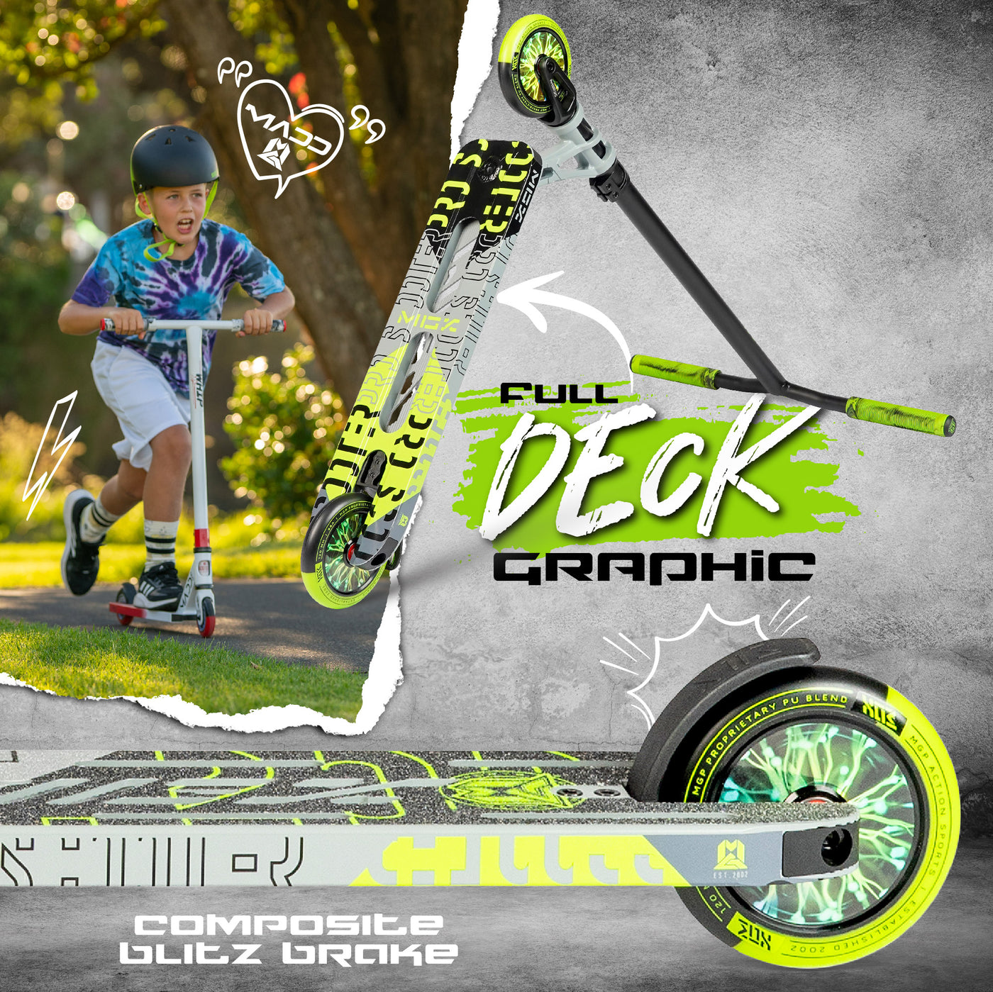 MGX Pro Grey Green Stunt Scooter Lightest Best Madd Gear MGP Hollow Cores Smooth Rolling Bearings Brake