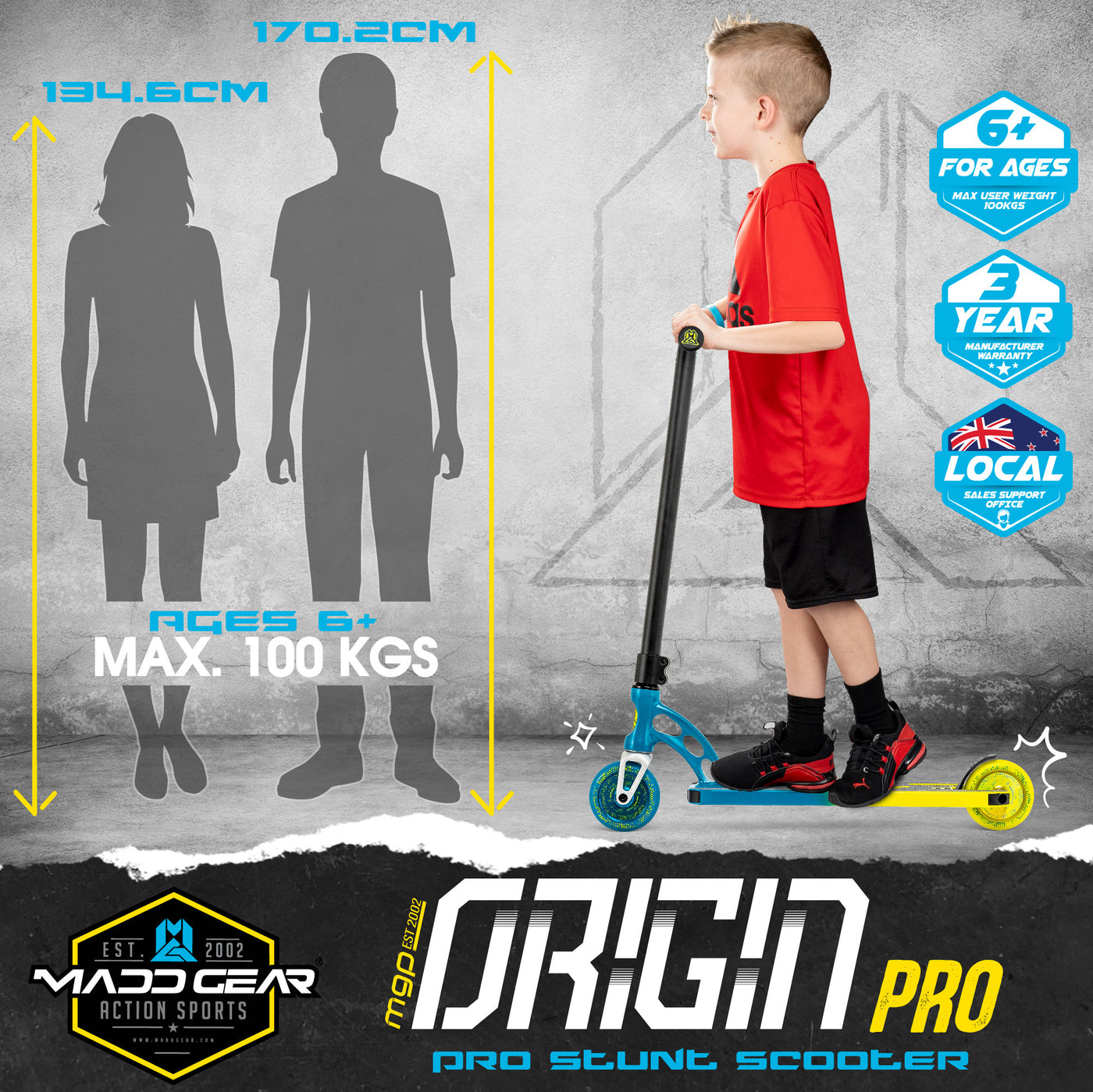 Madd Gear MGP Origin Pro Stunt Trick Scooter Blue Petrol Yellow Kids Children Boys Girls